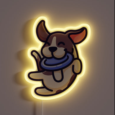 Colorful RGB Neon Sign of Happy Dog Catching Frisbee Outdoor
