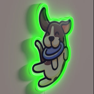 Colorful Neon Sign of Happy Dog Catching Frisbee in Action