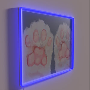 Vibrant Neon Sign Features Semi-Realistic Colorful Kitten Paw Prints Design.