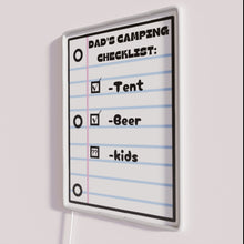 Charger l&#39;image dans la galerie, Vibrant LED Camping Essentials Checklist Sign for Dad&#39;s Outdoor Adventures Home