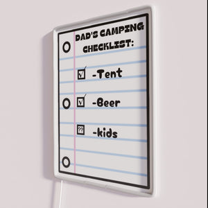 Vibrant LED Camping Essentials Checklist Sign for Dad's Outdoor Adventures Home