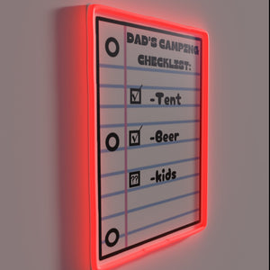 Dads' Camping Essentials Checklist in Bold RGB Neon LED Sign