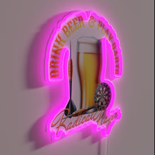 Charger l&#39;image dans la galerie, Neon bar decor featuring illuminated darts and cold beer logos.