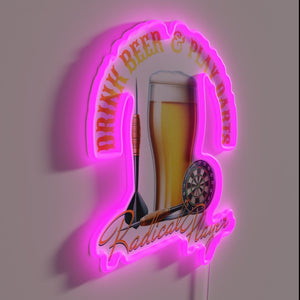 Neon bar decor featuring illuminated darts and cold beer logos.