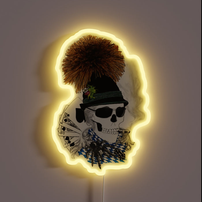 Vibrant Illuminated Neon Sign Featuring a Colorful Oktoberfest Skull Design.
