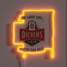 Charger l&#39;image dans la galerie, Vibrant RGB lighting illuminates the name &#39;Dickens Cider&#39; in bold letters.