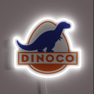 Dinoco neon sign with dinosaur logo – fun retro wall decor inspired by Disney Pixar’s Cars, perfect for kids’ rooms, garages, or movie-themed spaces