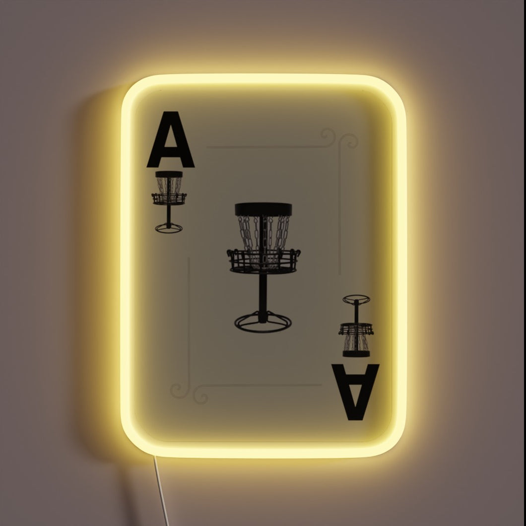 Disc golf-themed poker card night illuminated by colorful neon signage