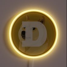 Charger l&#39;image dans la galerie, Alt text: &quot;Neon sign of the Dogecoin logo featuring the Shiba Inu dog inside a glowing yellow circle with a bold &#39;D&#39; overlay.&quot;
