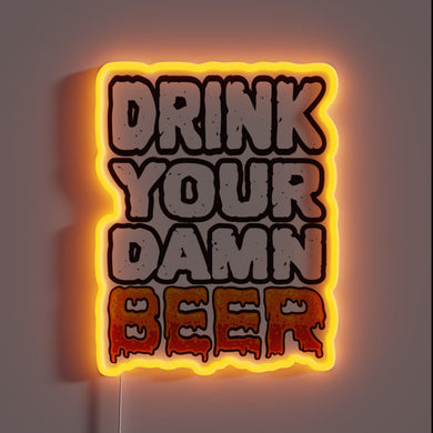Cheeky beer lover's decor with bold, colorful, lit phrase