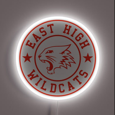 East High Wildcats neon sign – bold red and white High School Musical-inspired wall decor for fans, dorm rooms, or teen bedrooms