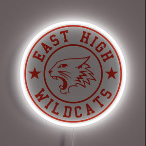 East High Wildcats neon sign – bold red and white High School Musical-inspired wall decor for fans, dorm rooms, or teen bedrooms