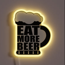 Charger l&#39;image dans la galerie, Neon illuminated &#39;Eat More Beer&#39; sign with colorful RGB backlighting.