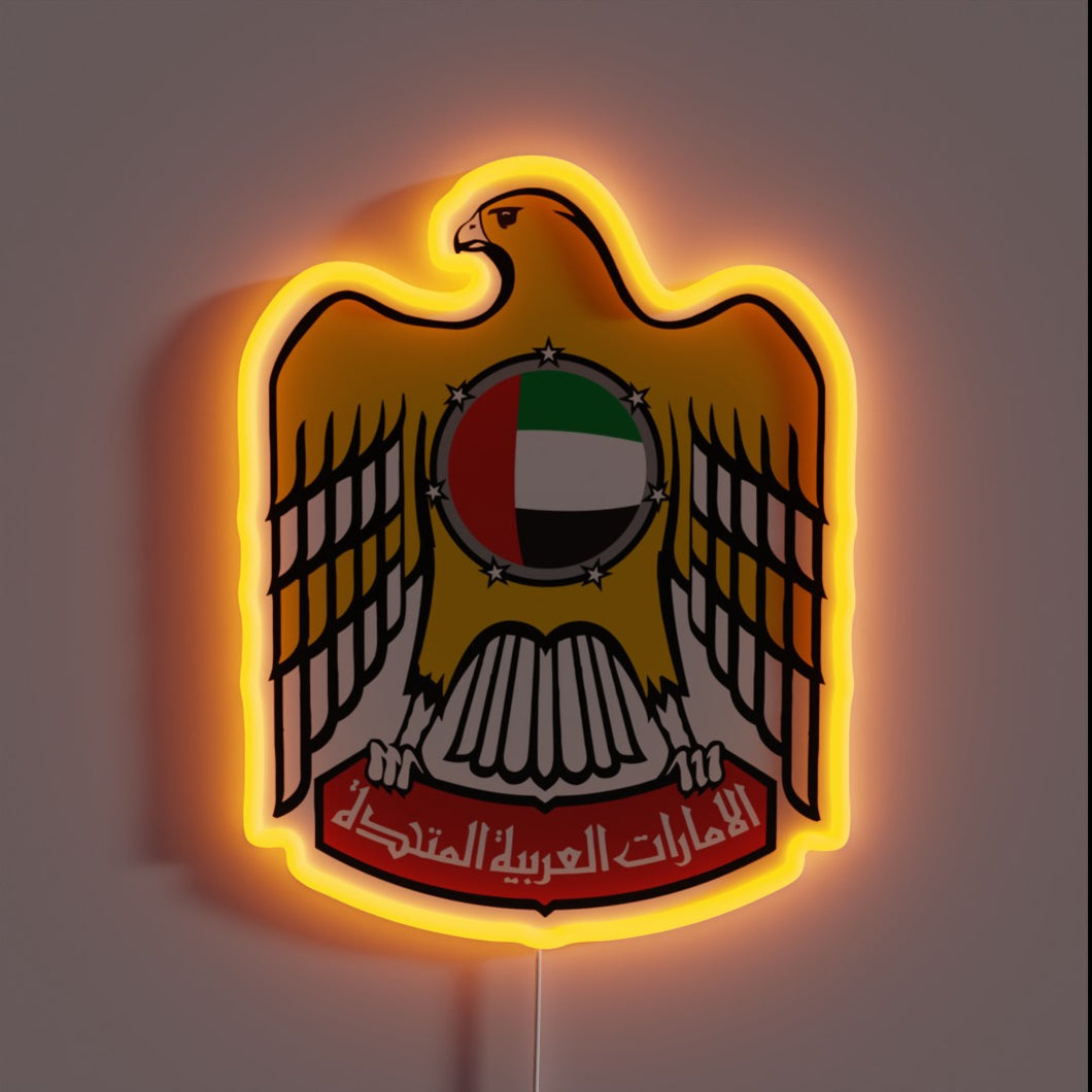 Vibrant UAE nation symbol in electric RGB neon light display.
