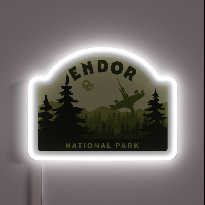 Endor National Park neon sign – Star Wars-themed wall decor with forest moon landscape and speeder bike silhouette for sci-fi fans, home theaters, or collectors
