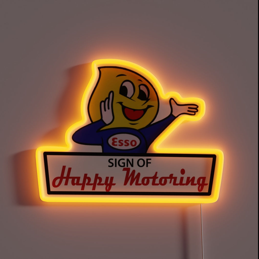 Vintage retro style Esso Happy Motoring Boy colorful neon advertising sign.