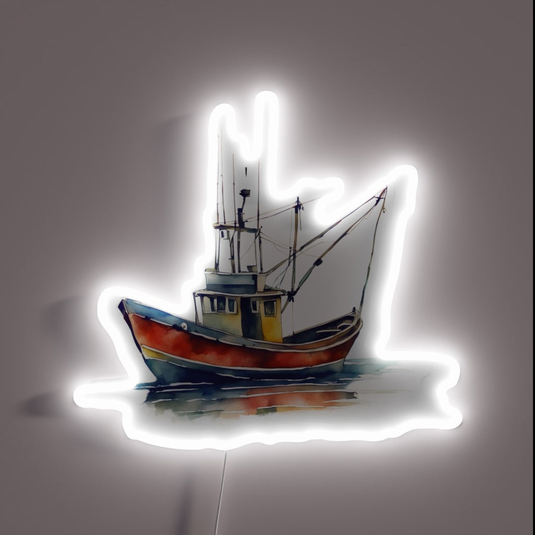 Vibrant Watercolor Neon Sign of a Classic Fishing Boat at Night