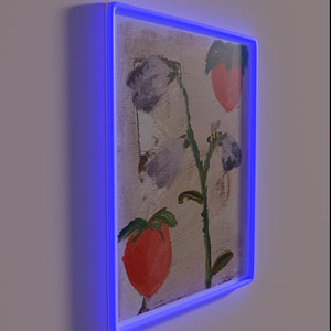 Colorful flowers and juicy strawberries in vibrant RGB neon glow.