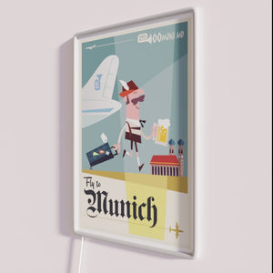RGB Neon Travel Sign Featuring Iconic Munich City Skyline Illumination