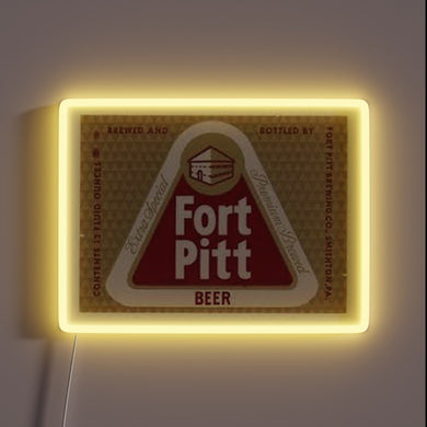 Vibrant Fort Pitt Beer logo in colorful neon lighting display.