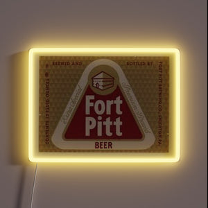 Vibrant Fort Pitt Beer logo in colorful neon lighting display.