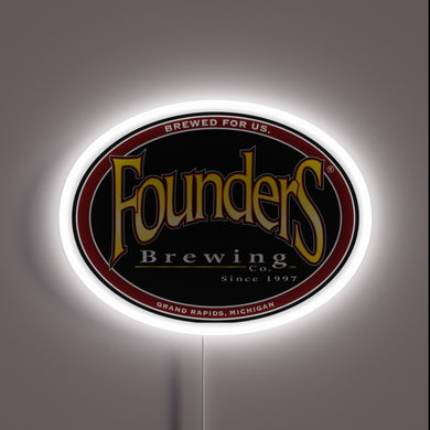 Classic and bold, this neon sign showcases the Founders Brewing Co. logo from Grand Rapids, Michigan — “Brewed for Us” since 1997.