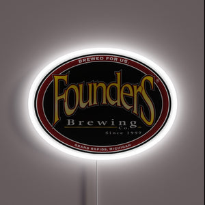 Classic and bold, this neon sign showcases the Founders Brewing Co. logo from Grand Rapids, Michigan — “Brewed for Us” since 1997.