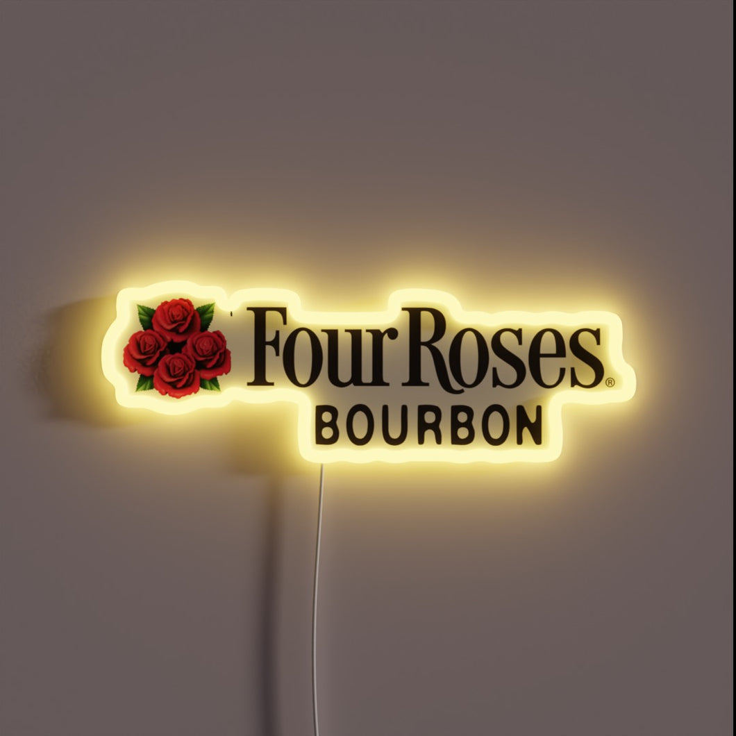 Neon sign of the Four Roses Bourbon logo with red roses and glowing yellow outline.