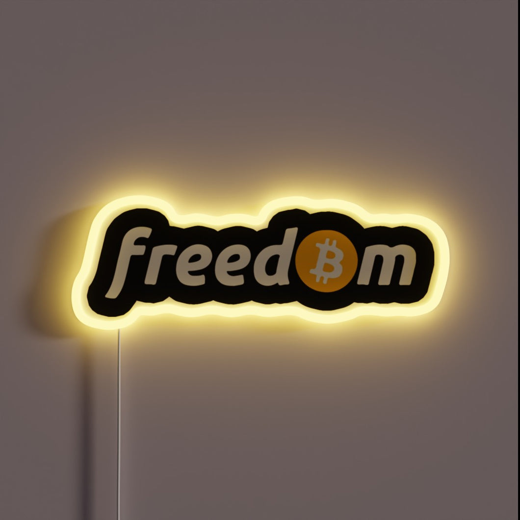 Alt text: “Neon sign with the word ‘freedom’, where the ‘o’ is replaced by a Bitcoin logo, glowing in yellow.”
