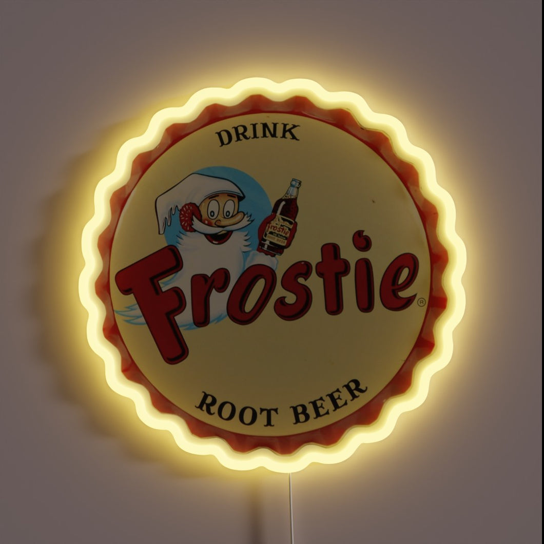 Vintage-style Frostie Root Beer neon sign with colorful LED lighting accents.