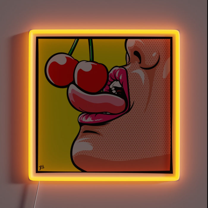 Pop art style cherries tongue lips artwork customneon LED neon sign with orange border