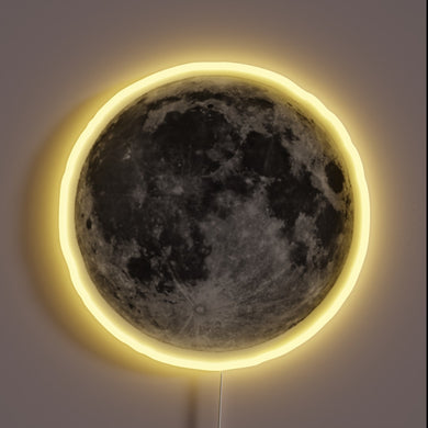 Full moon neon sign with soft glow — space-inspired wall decor.