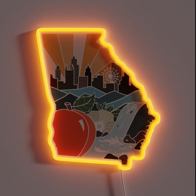 Neon sign shaped like Georgia with skyline, peach, and waterfall in orange glow.