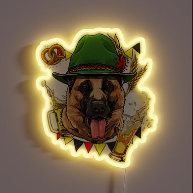 Vibrant German Shepherd in lederhosen celebrates Oktoberfest with colorful LED flair