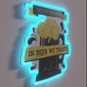 Beer Connoisseur's Sign with Vibrant Neon 'In Beer We Trust' Message.