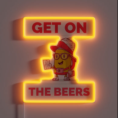 RGB illuminated bar decor featuring 'Get On The Beers' script