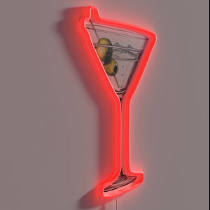 Elegant LED neon bar decor featuring glass martini cocktail art