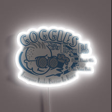 Charger l&#39;image dans la galerie, Vibrant RGB lighting illuminates the entrance to Goggles Brew Pub