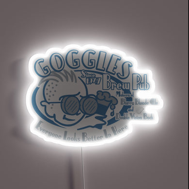Vibrant RGB lighting illuminates the entrance to Goggles Brew Pub