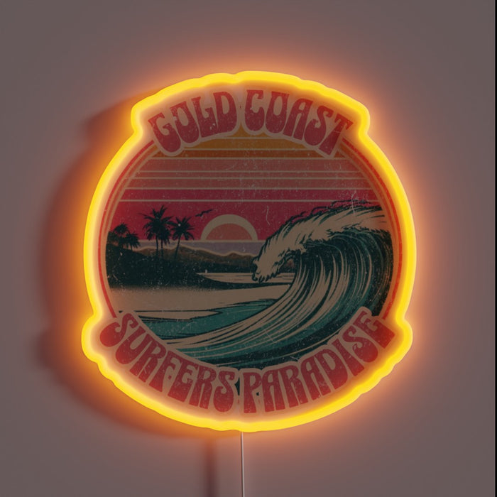 Retro inspired RGB neon sign features iconic surf print artwork.
