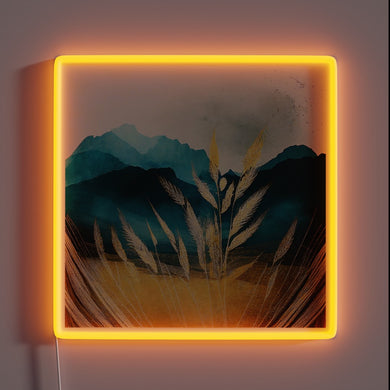 Vibrant Neon Sign Adorns Rustic Landscape of Golden Wheat Fields