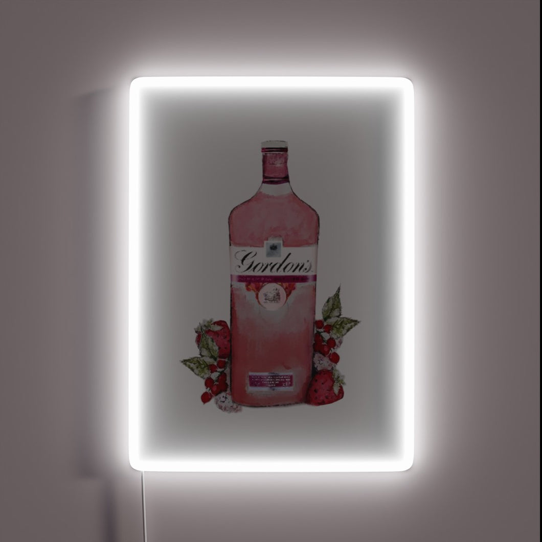 Glowing pink gin spirit neon sign in vibrant RGB hues.