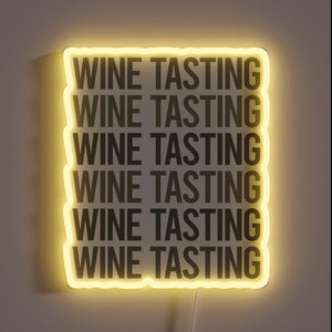 Modern wine tasting ambiance with vibrant gray neon sign design