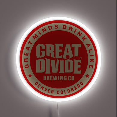 Bold and iconic, this neon sign features the Great Divide Brewing Co. logo with the motto 