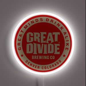 Bold and iconic, this neon sign features the Great Divide Brewing Co. logo with the motto 