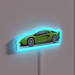 Vibrant neon green Lamborghini logo illuminated by colorful RGB lights.