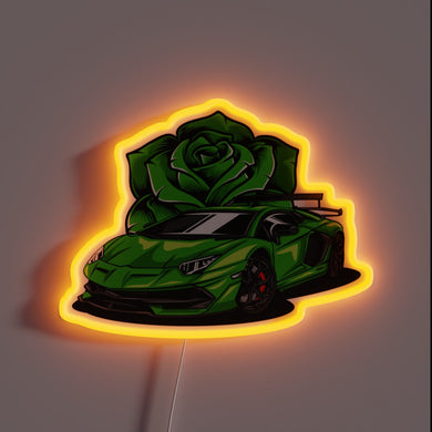 Vibrant Green Lamborghini Rose-Shaped Neon Sign with Color-Changing RGB Lighting.