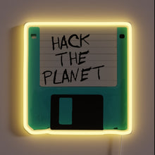 Charger l&#39;image dans la galerie, Hack the Planet neon sign with retro floppy disk design – nostalgic wall decor for hackers, tech enthusiasts, or 90s-inspired rooms