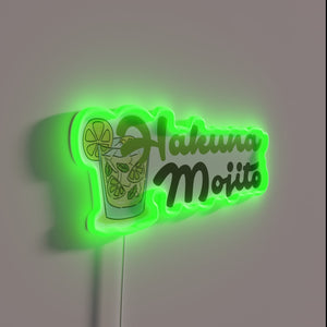 Relaxing tropical vibes with colorful Hakuna Mojito neon bar decor.