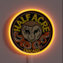 Charger l&#39;image dans la galerie, Half Acre Brewing Company neon sign – bold Chicago brewery wall decor featuring owl and tentacle artwork for bars, taprooms, or craft beer enthusiasts